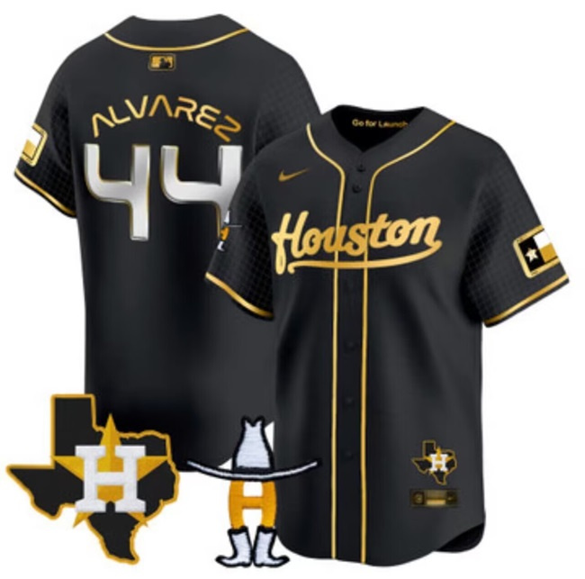 Men's Houston Astros #44 Yordan Alvarez Black/Gold With Patch Cool Base Stitched Baseball Jersey Men's Houston Astros #44 Yordan Alvarez Black/Gold With Patch Cool Base Stitched Baseball Jersey